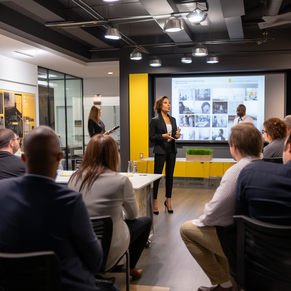 A large conference room with a long table filled with people in business attire. The room is brightly lit with yellow light, and the walls are covered in black and white photographs of people working. A woman in a power suit is standing at the front of the room, giving a presentation. She is talking about the importance of Human Resource Management (HRM), and how it can help businesses achieve their goals. The people in the audience are listening attentively, and they seem to be inspired by her words. The image should be visually striking and should capture the essence of HRM. The colors should be bold and eye-catching, and the composition should be dynamic and engaging. The image should also have a sense of purpose, and it should make the viewer think about the importance of HRM in the workplace. Here are some specific keywords that you can use to describe the image: Conference room Business attire Yellow light Black and white photographs Power suit Presentation People listening Inspired Bold colors Dynamic composition Sense of purpose