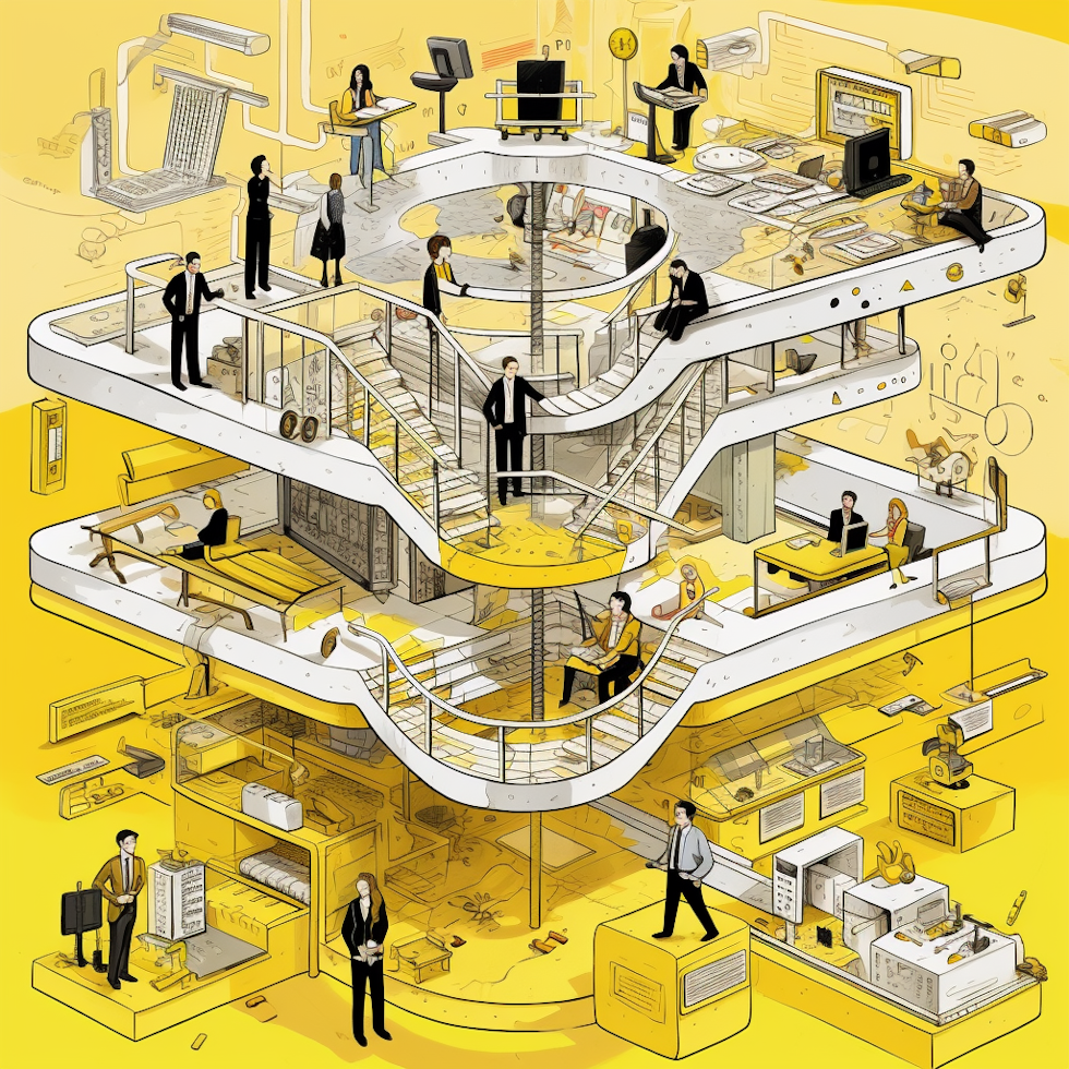 Organizational change types, strategic alignment, structural hierarchy modifications, technology implementation, people-oriented focus, yellow, black, white colors, visual metaphor, Youtube cover image style