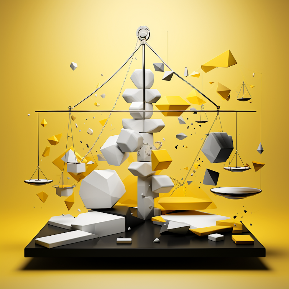 Balanced scales symbolizing planning, communication, execution, intertwined arrows representing six fundamental steps, hands shaking for stakeholder engagement, roadmap and milestones, yellow, black, white color scheme, visual metaphor for organizational change management