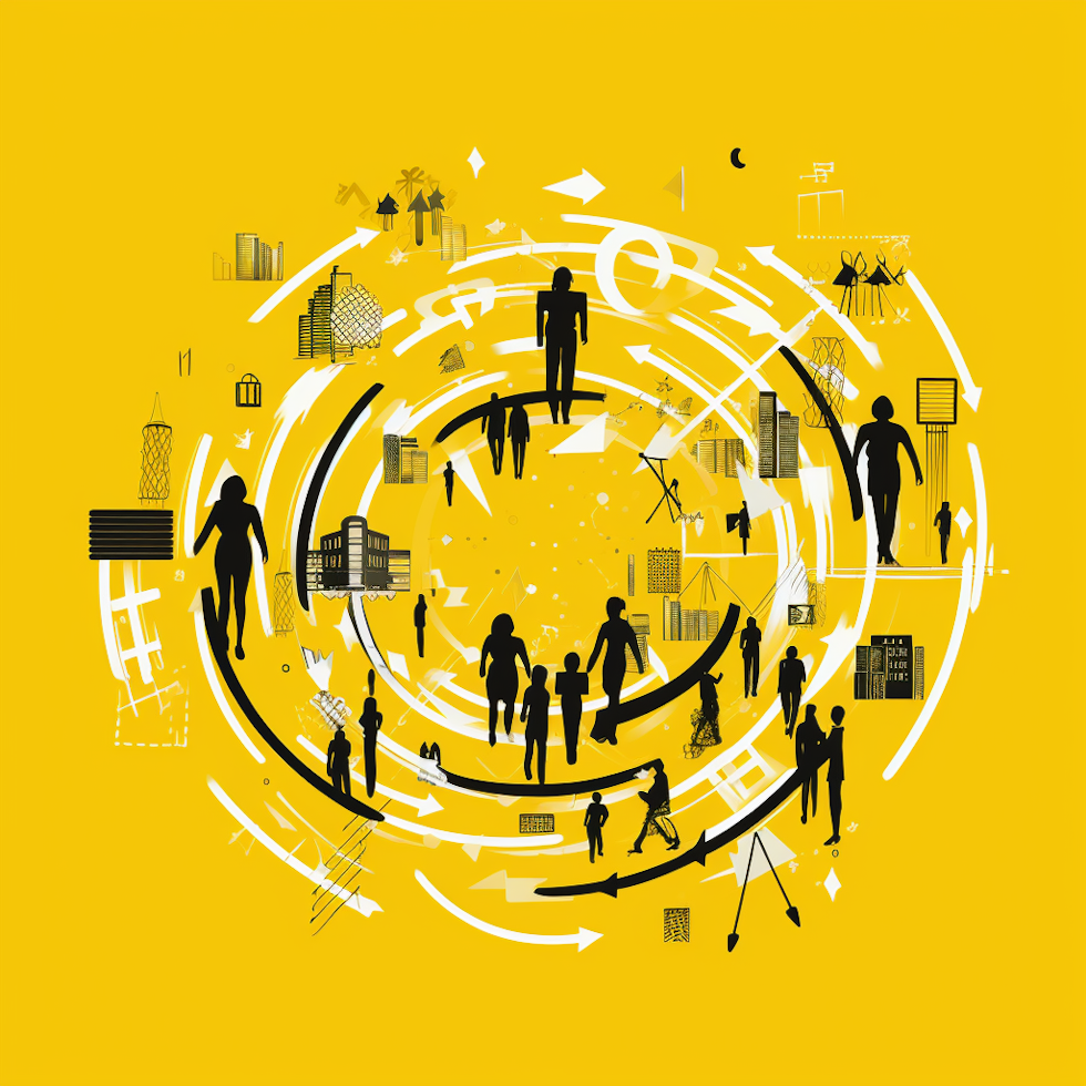 Yellow background, black intertwined arrows symbolizing different change management models, white lines connecting them representing strategic alignment, silhouettes of tools, stakeholders around, dynamic shapes suggesting continuous improvement, sense of journey through organizational change