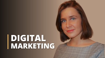 The online digital marketing expert, represented by a woman dressed in a grey checkered dress, stands against a vibrant backdrop of phosphorescent pink and blue hues symbolising the diversity in the field. Having grown up and lived in one of the European countries, this woman brings a unique global perspective to the digital marketing course. The prominent digital marketing text ensures that any visitor clearly understands what they will learn from a competent instructor. This digital marketing online degree is specifically designed for beginners and provides them with a comprehensive online digital marketing course and is explained in this image.