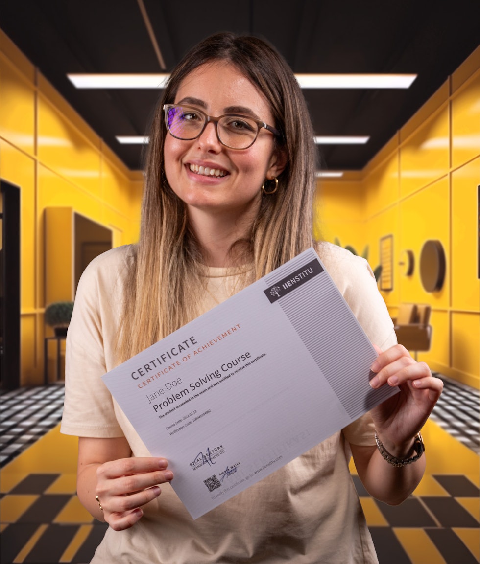 A woman shows her certificate from a problem solving course. Yellow colored details in the background. The professional certificate is in the foreground. A professional studio. Shot with Canon 5d mark 4.