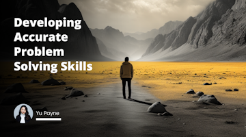 Yellow, black, and white visual with impressive photo quality. Scene depicts a person standing in a vast desert, surrounded by towering mountains. They are deep in thought, symbolizing the journey of developing accurate problem-solving skills.