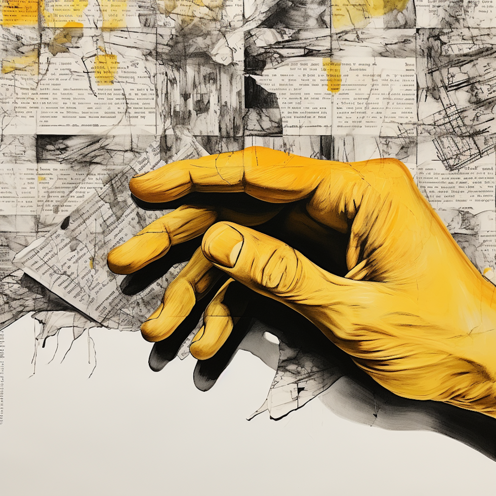 VisualAn intense close-up shot of a person's hand, painted in a yellow hue, holding a crumpled piece of paper with a complex problem written on it. Surrounding the hand, in black and white tones, are blurred illustrations depicting different perspectives and angles.