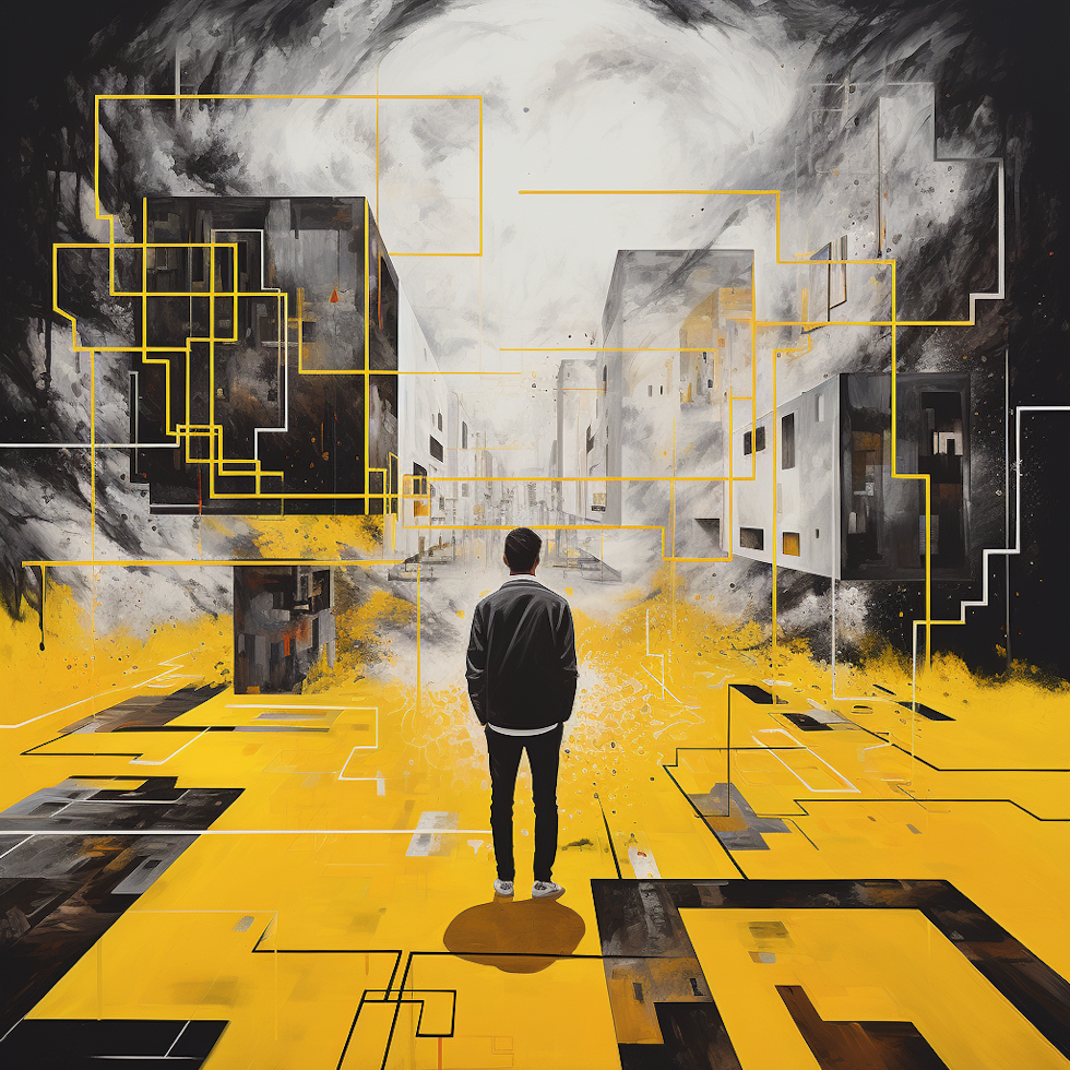 Yellow, black, and white colors create a striking image reflecting the consequences of poor problem-solving behavior. A person contemplating their choices is showcased amidst a backdrop of abstract shapes and lines, capturing the struggle in vivid detail.