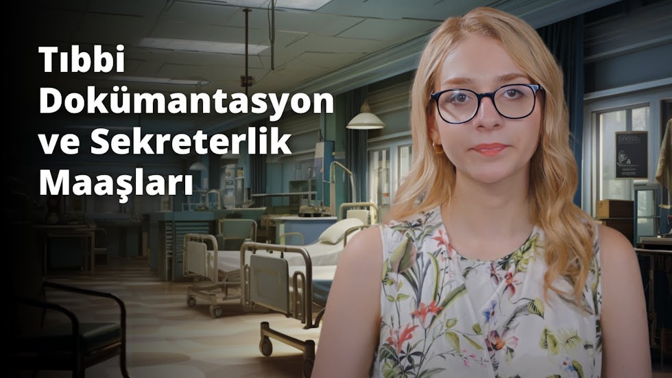 Ön planda bir tıbbi sekreter görünüyor. iyi giyinmiş ve tıbbi sekreterlik maaşlarını anlatıyor.