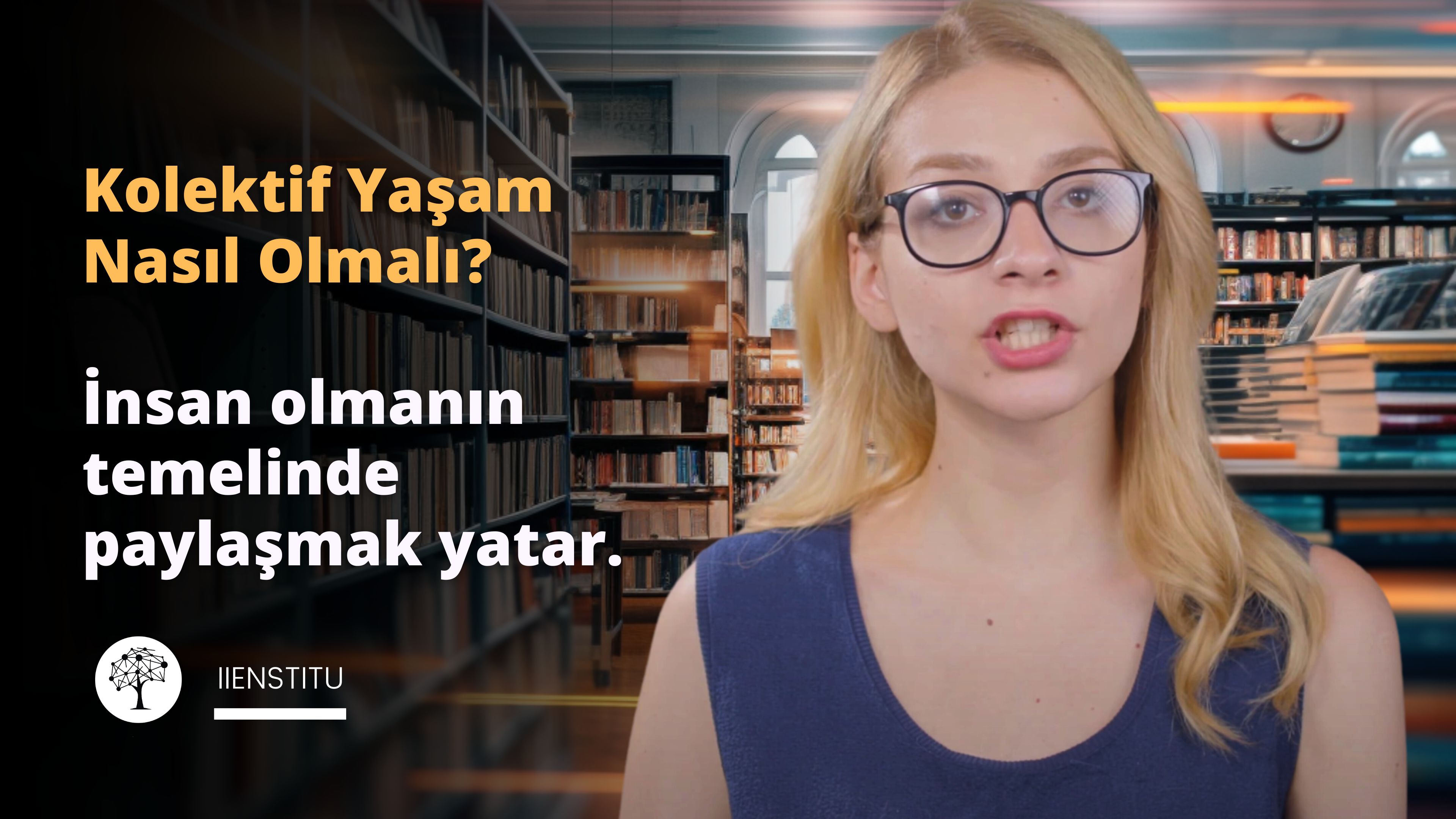 Gözlüklü bir kadın kütüphanede oturuyor. Ağzı hafifçe açık ve başı hafifçe yana eğiktir. Bakışları kameraya doğru yönelmiştir ve gözleri kısmen görünmektedir. Arkasındaki duvarda nokta ve çizgilerden oluşan siyah beyaz bir ağaç deseni vardır. Sağ omzunun yanında daire içinde beyaz bir sayı var. Solunda siyah bir zemin üzerinde sarı bir O harfi var. Arka plan hafifçe bulanık ve odak kadın üzerinde görünüyor. Kadının önünde kitaplarla dolu bir kitaplık var.