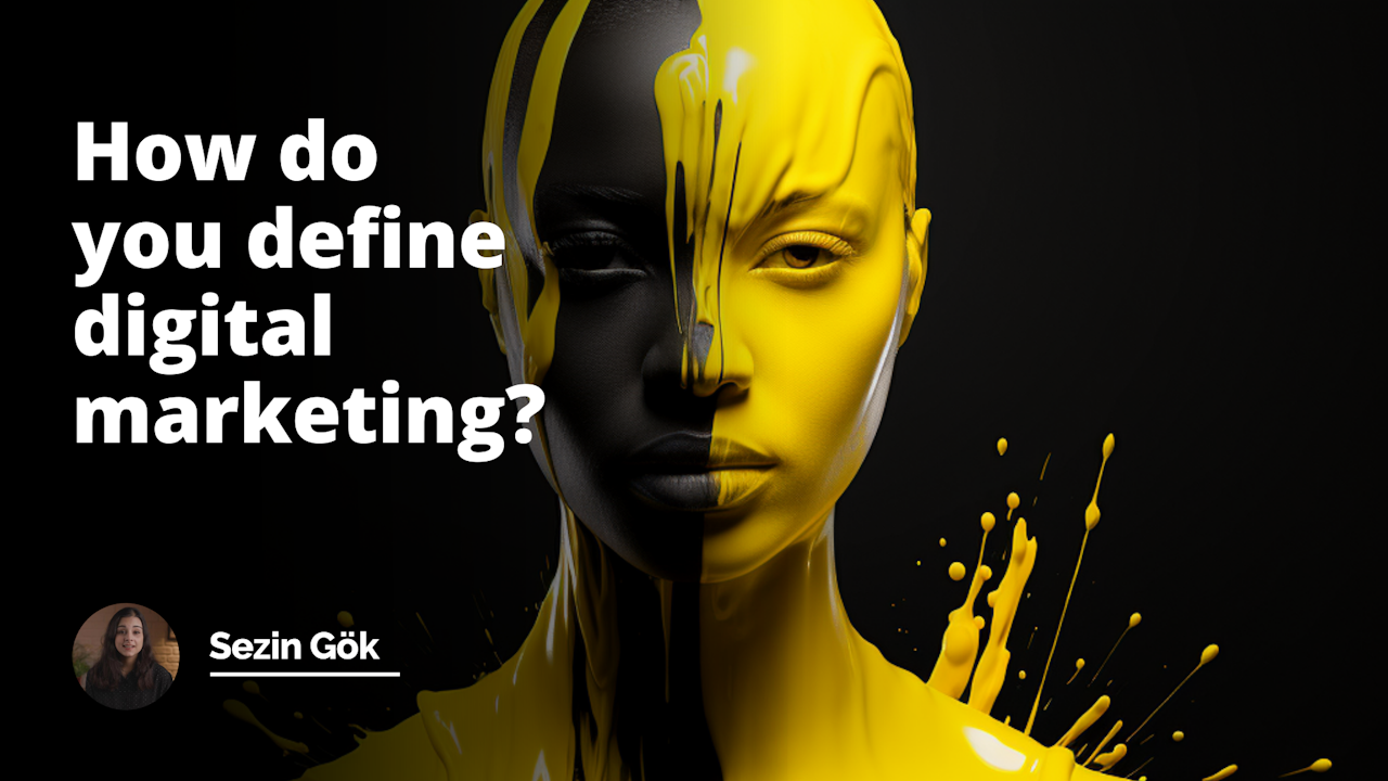 Yellow, black, and white colors. An impressive photo with meaning. No text on the image. Visual description of the prompt 'How do you define digital marketing?' Can be a Youtube cover image.