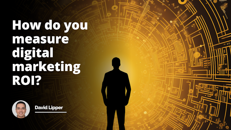 A dark, yellow-tinted image with a silhouette of a person standing against a maze-like backdrop symbolizing complexity. The maze is made up of various marketing icons and metrics, highlighting the challenge of measuring digital marketing ROI.