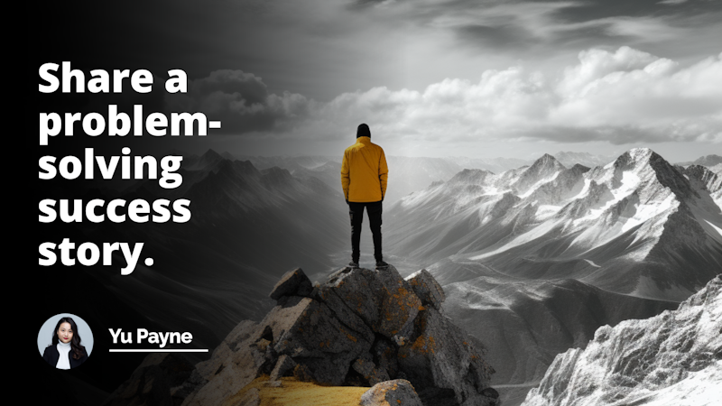 Yellow, black, and white image of a person standing on a mountain peak, looking out at a vast landscape, symbolizing triumph over challenges and the journey to success.