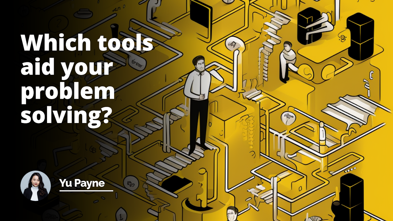 Problem-solving tools: yellow, black, white, impressive, visual, movie scene, meaning, no text, colors of choice, YouTube cover image, English description, detailed, midjourney, understand topic, person looking, small lines, prompt, aid.