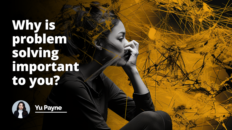 Yellow and black background. An abstract image of intertwining lines representing problem solving. A person deep in thought contemplating the importance of problem solving.