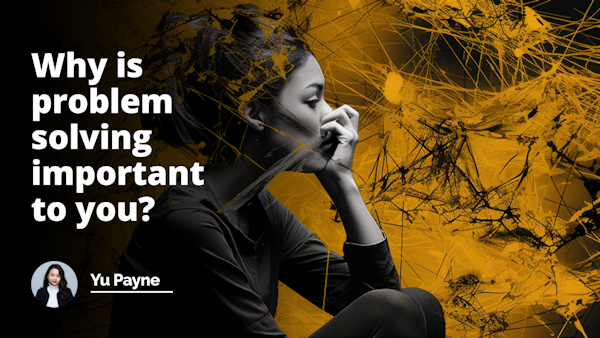 Yellow and black background. An abstract image of intertwining lines representing problem solving. A person deep in thought contemplating the importance of problem solving.