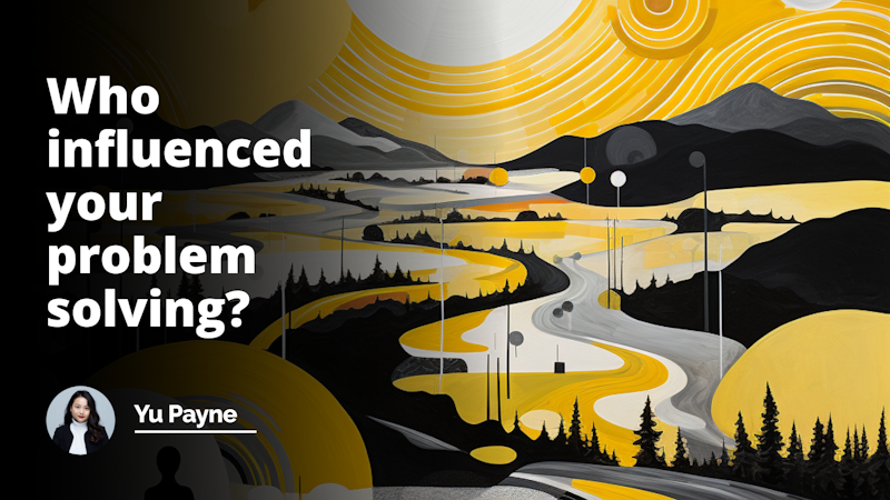 Yellow, black, and white visual with an ethereal landscape stretching into the distance. A figure stands at the center, pondering, as various abstract shapes and symbols float around them, representing the influential factors in their problem-solving journey.