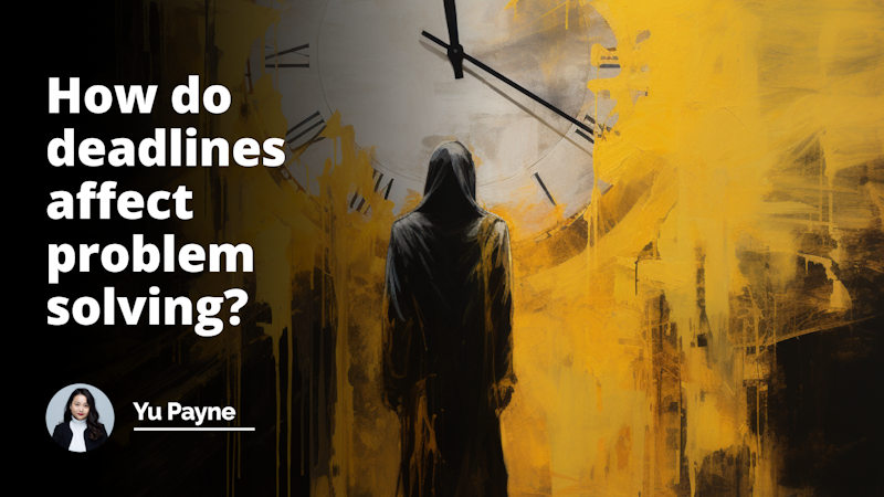 A captivating visual artwork, bathed in an intriguing mix of vibrant yellow, deep black, and ethereal white hues captures the essence of a profound question. A figure, shrouded in shadows, stands at a crossroads illuminated by a radiant yellow glow. Time appears frozen, symbolized by abstract clock fragments suspended in midair. The figure's contemplative gaze signifies the weight of looming deadlines, while their outstretched hand reaches for an elusive solution in an ever-shifting puzzle. Every brushstroke and line beautifully conveys the complexity and impact of deadlines on problem solving, leaving viewers entranced by the concept's depths.