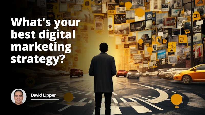 Yellow, black, and white image of a person standing at a crossroads with multiple digital marketing icons surrounding them, representing the complexity and choices involved in finding the best strategy.
