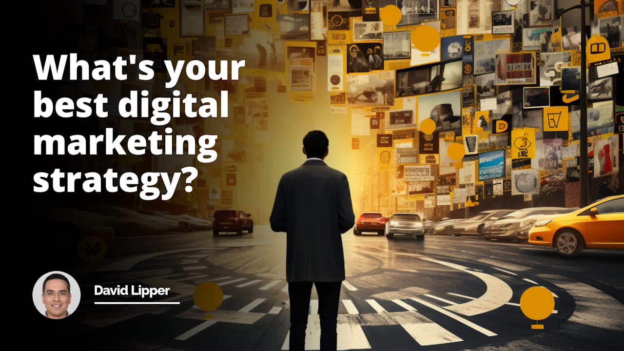 Yellow, black, and white image of a person standing at a crossroads with multiple digital marketing icons surrounding them, representing the complexity and choices involved in finding the best strategy.