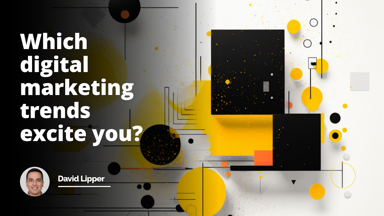 Yellow and black geometric shapes overlap on a white background, creating a captivating visual. It portrays a dynamic and modern scene, capturing the essence of digital marketing trends.