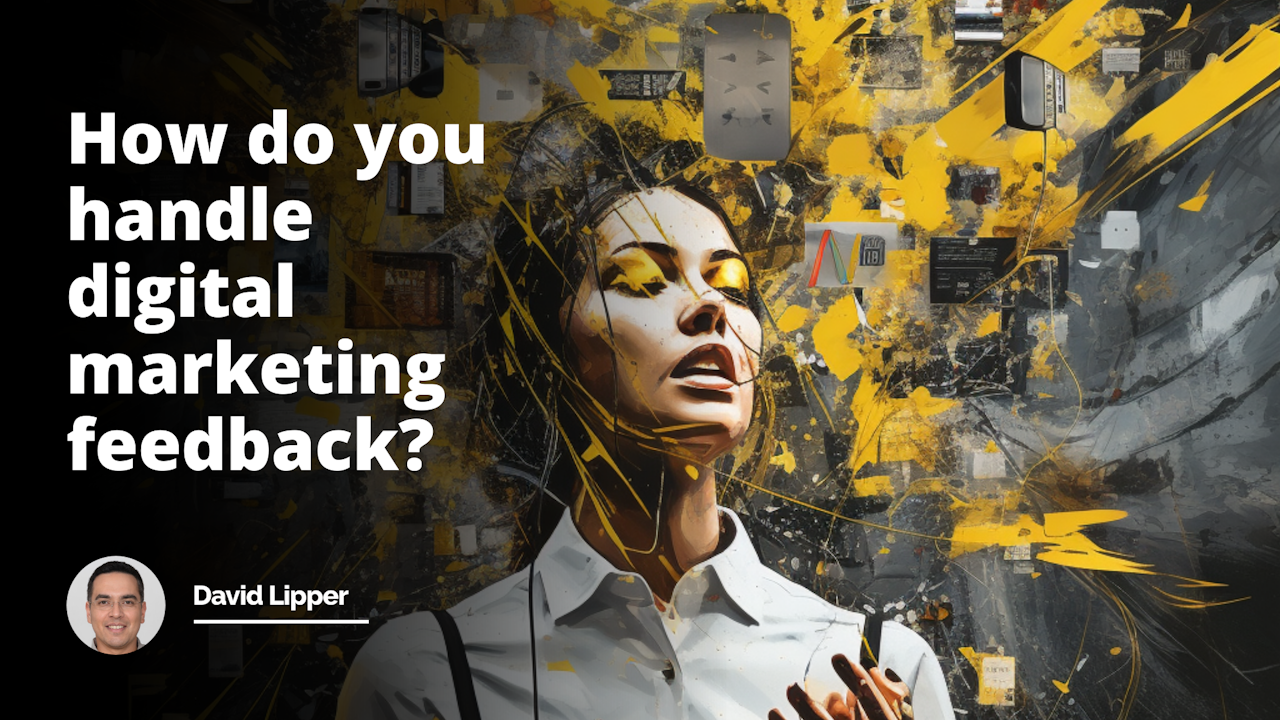 Impressive, visually stunning image with yellow, black, and white colors. Depicts a person handling digital marketing feedback. Captures the intensity and complexity of managing feedback in a visually striking and thought-provoking way.