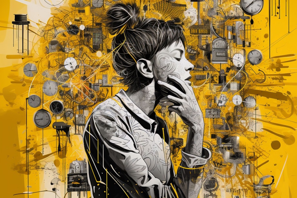 A visually striking image in yellow, black, and white colors with an impressive composition. Depicting a person deep in thought, surrounded by symbols of brainstorming and problem-solving methods.