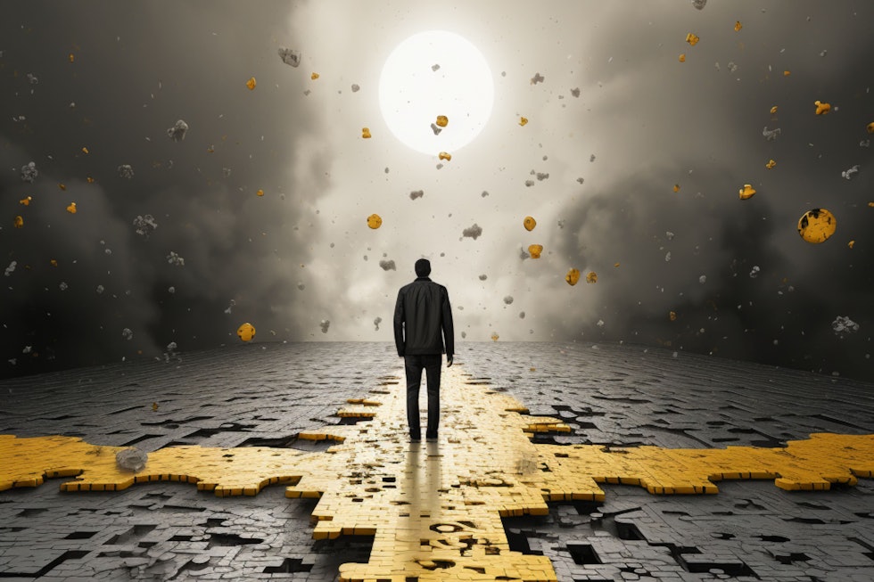 Yellow, black, and white image with a person standing on a path. The person looks determined, with a backpack, and is surrounded by puzzle pieces. The image symbolizes problem solving and the journey of finding solutions.