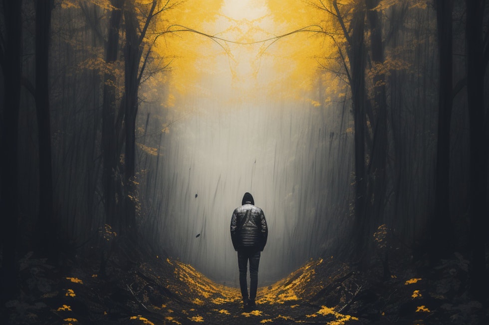 Yellow, black, and white image with a person standing in a foggy forest. They are deep in thought, surrounded by obstacles and challenges. The image captures a sense of introspection and the struggle to overcome barriers.