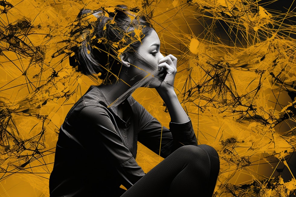 Yellow and black background. An abstract image of intertwining lines representing problem solving. A person deep in thought contemplating the importance of problem solving.