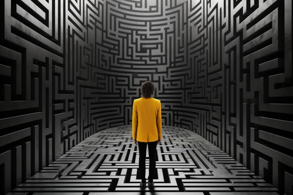 Yellow, black and white colors, impressive visual; a person silhouette with a maze-like brain shape, showcasing problem-solving skills.