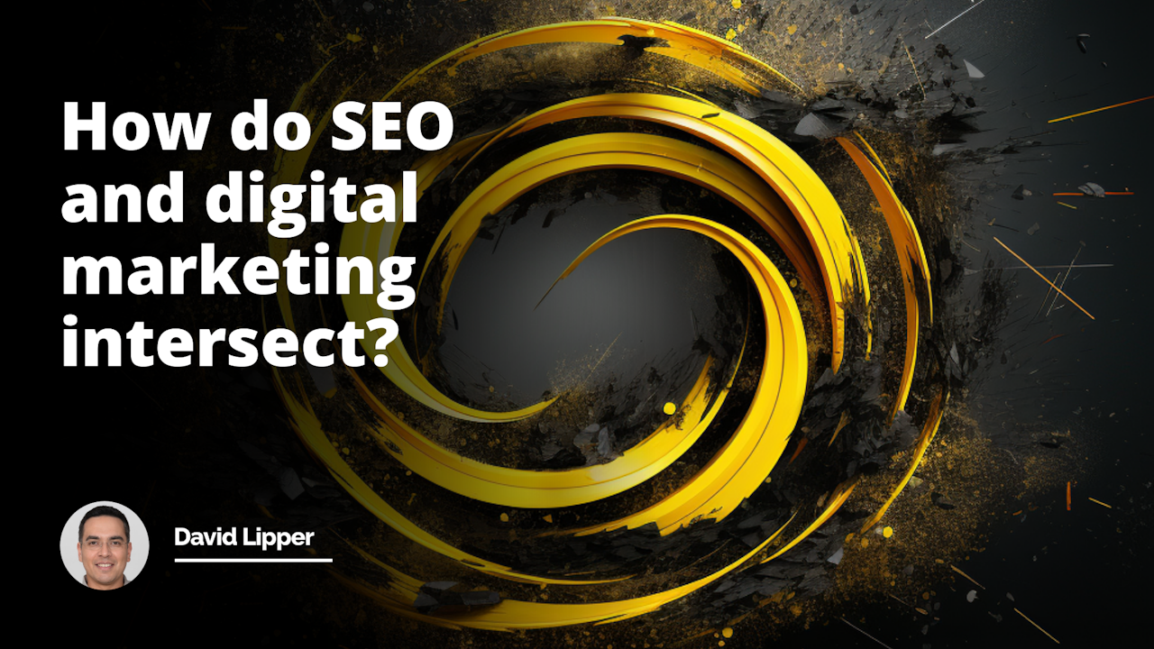 SEO and digital marketing interweave in a captivating image: a dynamic yellow whirlwind symbolizing marketing, encircled by a black web-like structure representing SEO. The juxtaposition signifies their impactful convergence.