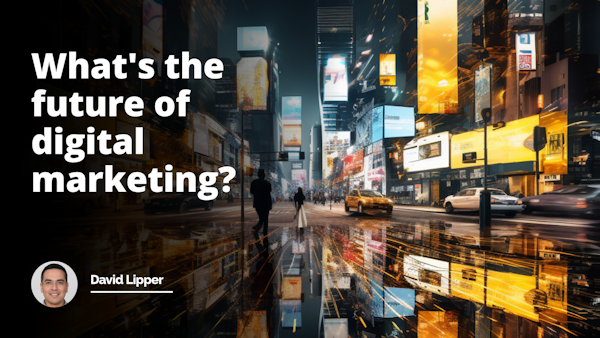 Yellow, black, and white color palette. A captivating image featuring a futuristic cityscape illuminated by neon lights, with digital marketing graphics swirling in the sky. The image hints at the limitless possibilities and exciting advancements in the future of digital marketing.