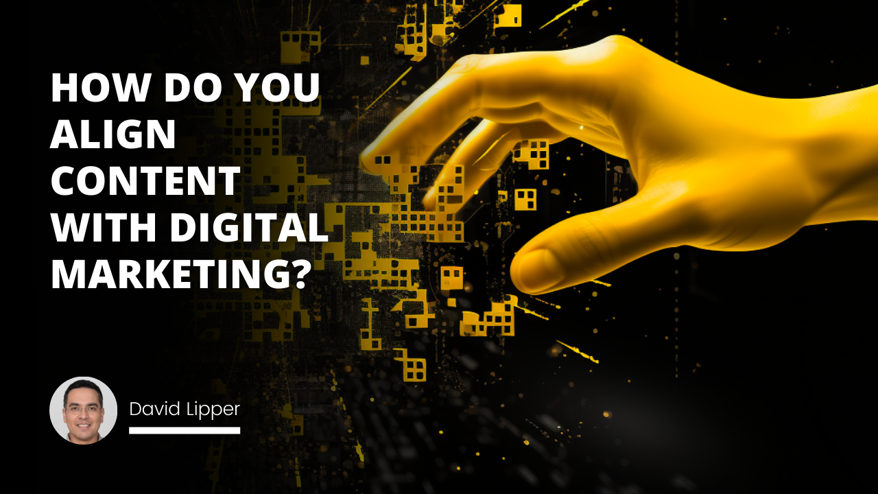 Yellow and black background with an abstract design resembling digital code. A hand reaches out from the darkness, aligning puzzle pieces of content and digital marketing.