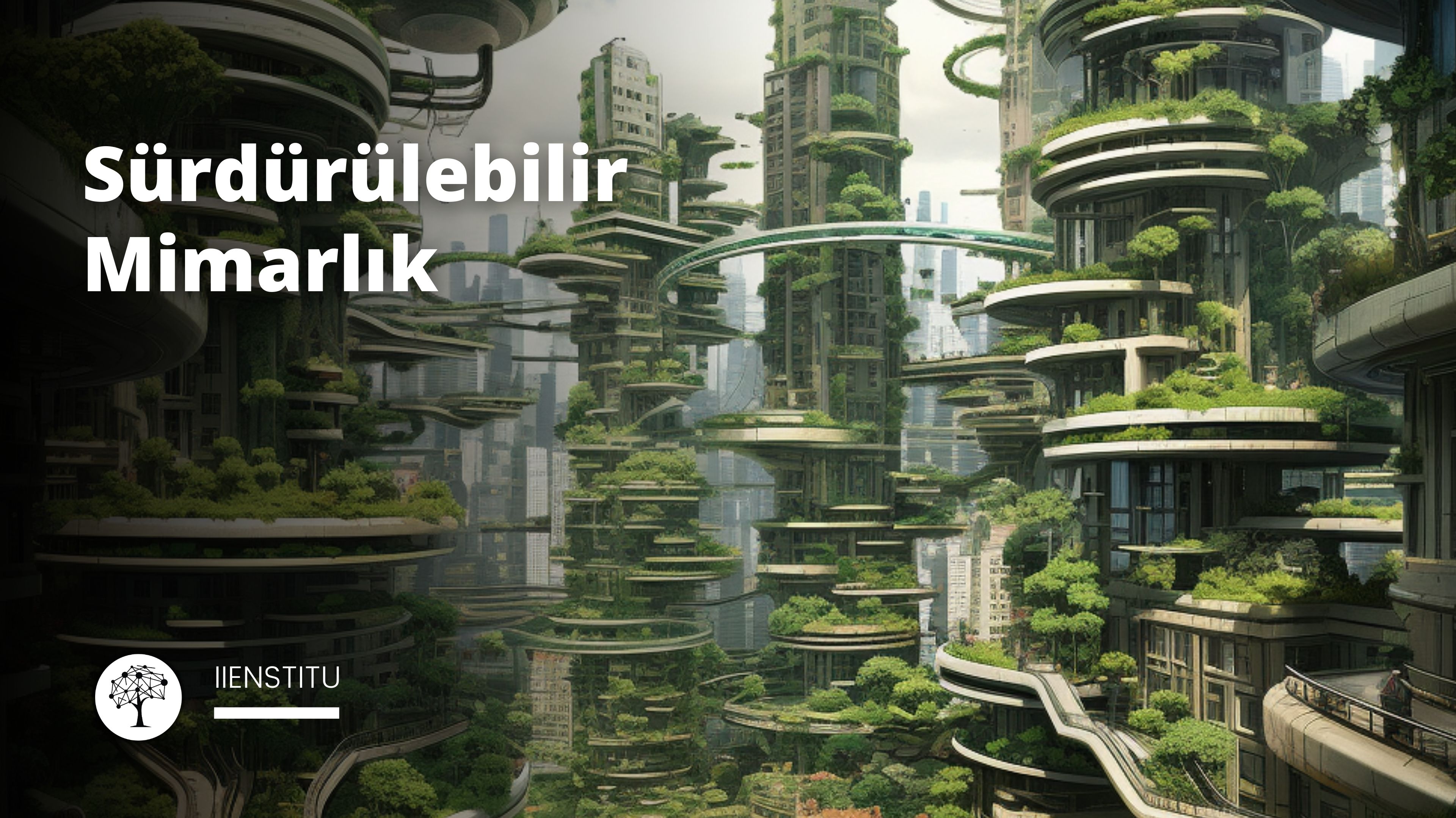 Çok sayıda ağaç ve bitkinin yemyeşil bir fon oluşturduğu hareketli bir şehir manzarası sunuluyor. Ön planda, siyah beyaz bir ağaç karmaşık noktalar ve çizgilerle süslenmiş. Görüntünün ilerisinde, karşısında bitkilerin büyüdüğü yüksek bir bina var. Binaya yakından bakıldığında bir korkuluk ve arka planda bir yürüyen merdiven görülüyor. Bir kişi trenin üzerinde durmaktadır, ancak görüntü bulanıktır. A harfi gibi E harfi de gri bir arka plan üzerinde beyaz olarak görülüyor. Sonuç olarak, görüntü çok sayıda yeşillik ve aktivite içeren canlı bir kentsel alanı yakalıyor.