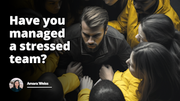 A striking black and white image with a yellow accent captures a group of people huddled together, their body language conveying stress. The scene depicts a team facing immense pressure, prompting contemplation on the challenges of managing such a group.