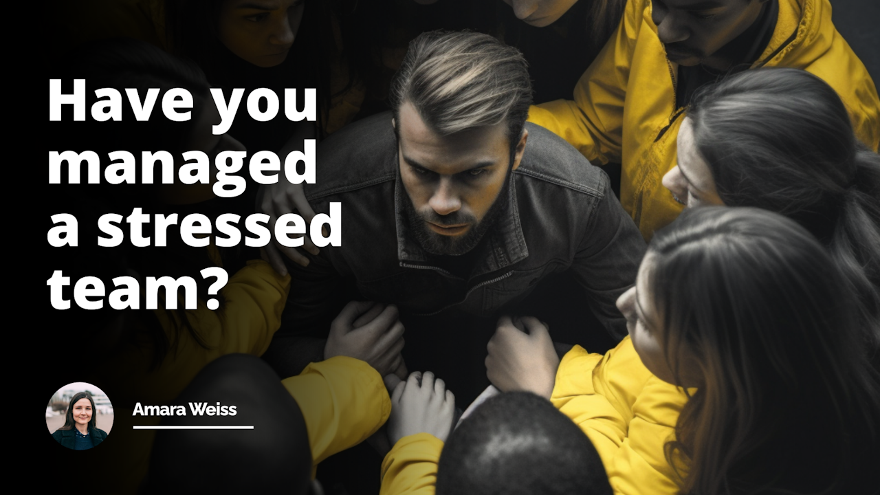 A striking black and white image with a yellow accent captures a group of people huddled together, their body language conveying stress. The scene depicts a team facing immense pressure, prompting contemplation on the challenges of managing such a group.