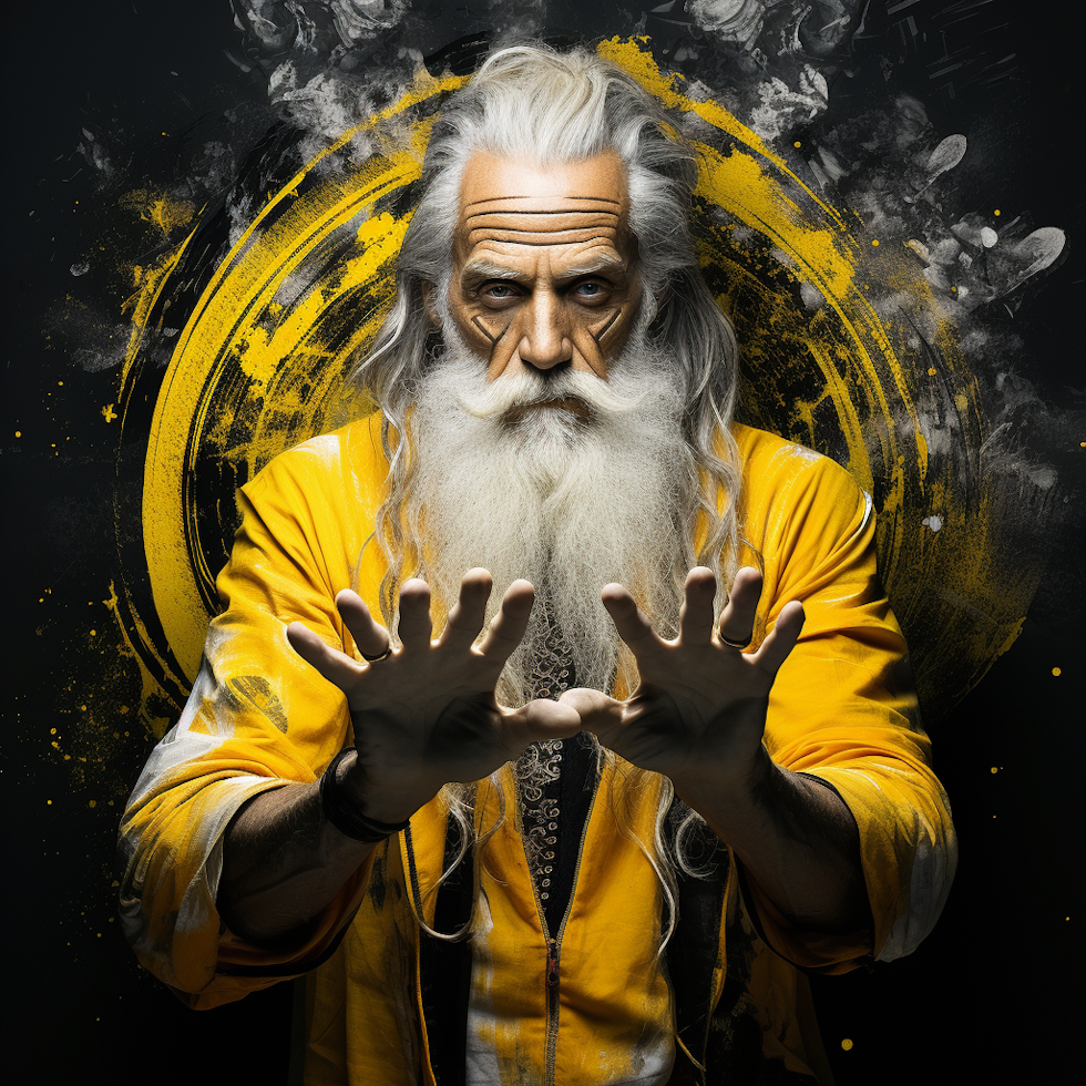 Spiritual coach, athlete parallel, guidance, holistic personal development, sanctuary of trust, age-old wisdom, modern dilemmas, yellow, black, white, Youtube cover imagery, impressive, detailed