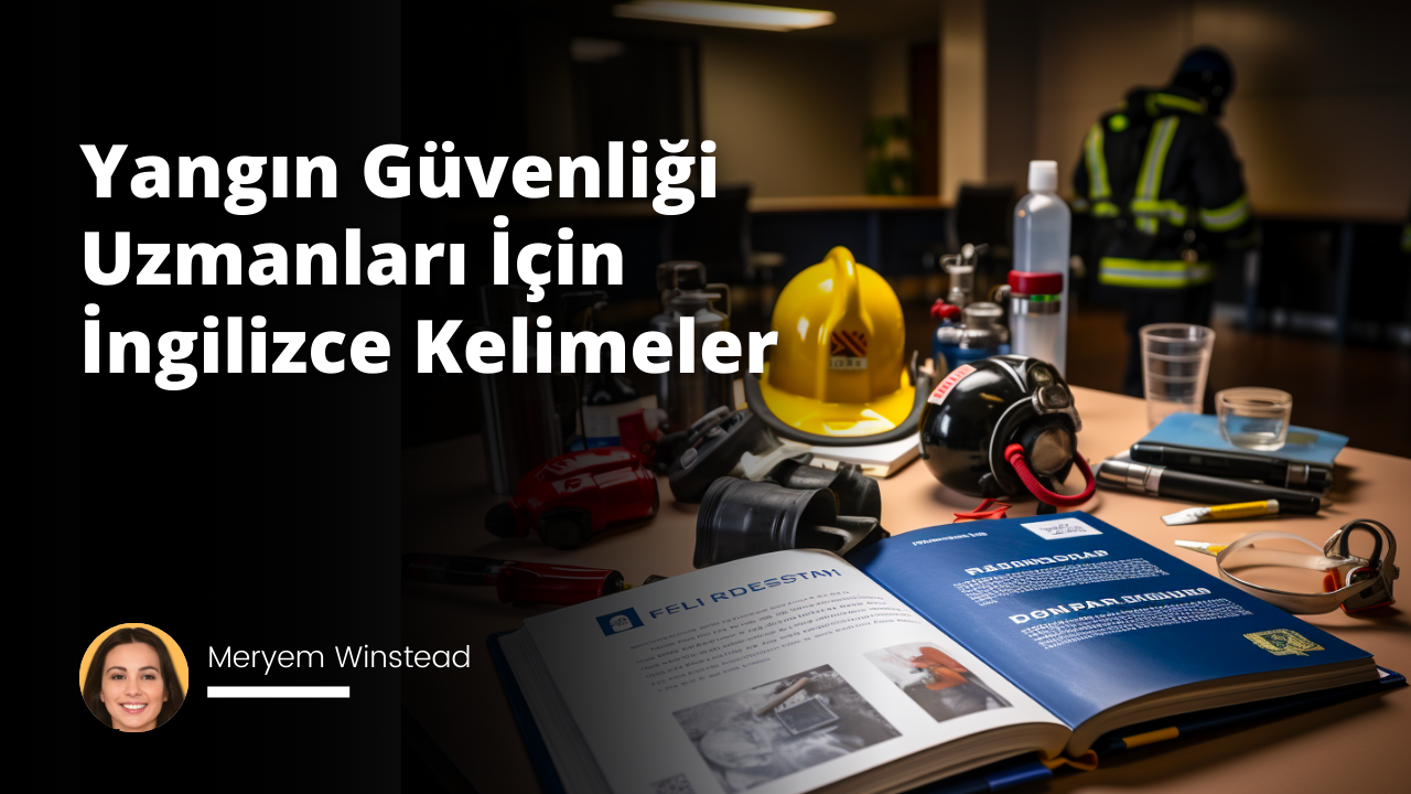 Resim, geniş bir masanın üzerinde açık bir kitabın merkezinde durduğunu gösteriyor. Kitabın sayfalarında, İngilizce yangın güvenliği ile ilgili teknik terimler ve tanımlar yer alıyor. Kitapta göze çarpan başlıklardan birkaçı 'Fire Extinguisher', 'Evacuation Plan' ve 'Smoke Detectors'. Kitabın hemen yanında, bir yangın güvenliği uzmanının koyu mavi üniforması ve bir teçhizat kemeri görülmekte. Kitabın diğer yanında ise bir not defteri ve bir kalem duruyor; bu da uzmanın not alabileceği anlamını taşıyor. Arkada çok hafif görünen, ancak yine de belirgin olan arka plana rağmen kitap, üniforma ve not defteri resmin odak noktası. Resim, yangın güvenliği uzmanlarının okuması ve anlaması için bir referans kitabı anlamını taşıyor.