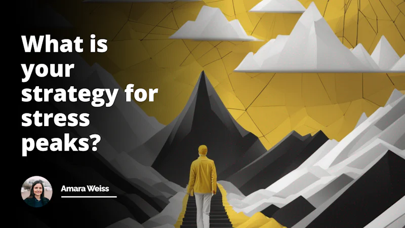 Strategic Insights: Conquering Stress Peaks. Yellow, black and white color scheme. Impressive photo with meaningful symbolism, capturing a person's journey to overcome stress peaks. No text on the image.
