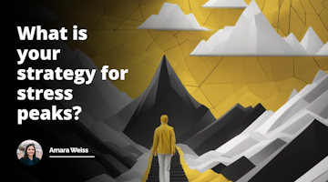 Strategic Insights: Conquering Stress Peaks. Yellow, black and white color scheme. Impressive photo with meaningful symbolism, capturing a person's journey to overcome stress peaks. No text on the image.