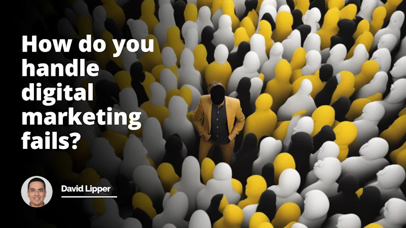 Yellow, black, and white colors create a striking contrast in a visually impressive photo. It depicts a person surrounded by digital marketing fails, struggling to find a way out. The image speaks volumes about the challenges of navigating digital marketing mishaps.