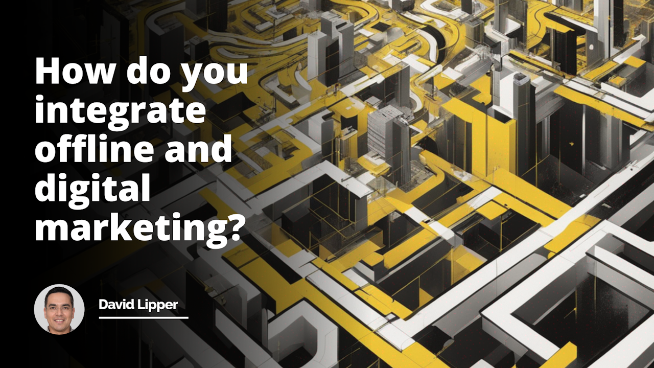 Abstract yellow, black, and white artwork depicts a digital labyrinth intersecting with a conventional cityscape, symbolizing the complex integration between offline and online marketing.
