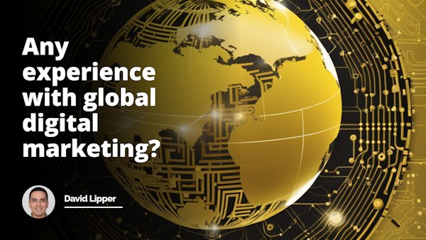 Yellow and black abstract background with a globe made up of digital circuit patterns. The globe is surrounded by interconnected virtual marketing icons, symbolizing global digital marketing. The image conveys the topic without using any text.