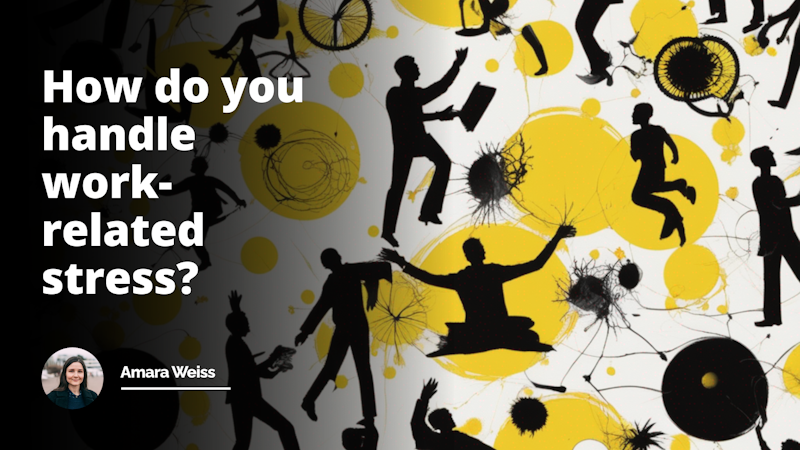 Vibrant yellow and black silhouette of a person juggling various work-related stressors against a serene white background, symbolizing the challenges of work-life balance.