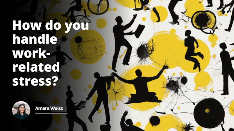 Vibrant yellow and black silhouette of a person juggling various work-related stressors against a serene white background, symbolizing the challenges of work-life balance.
