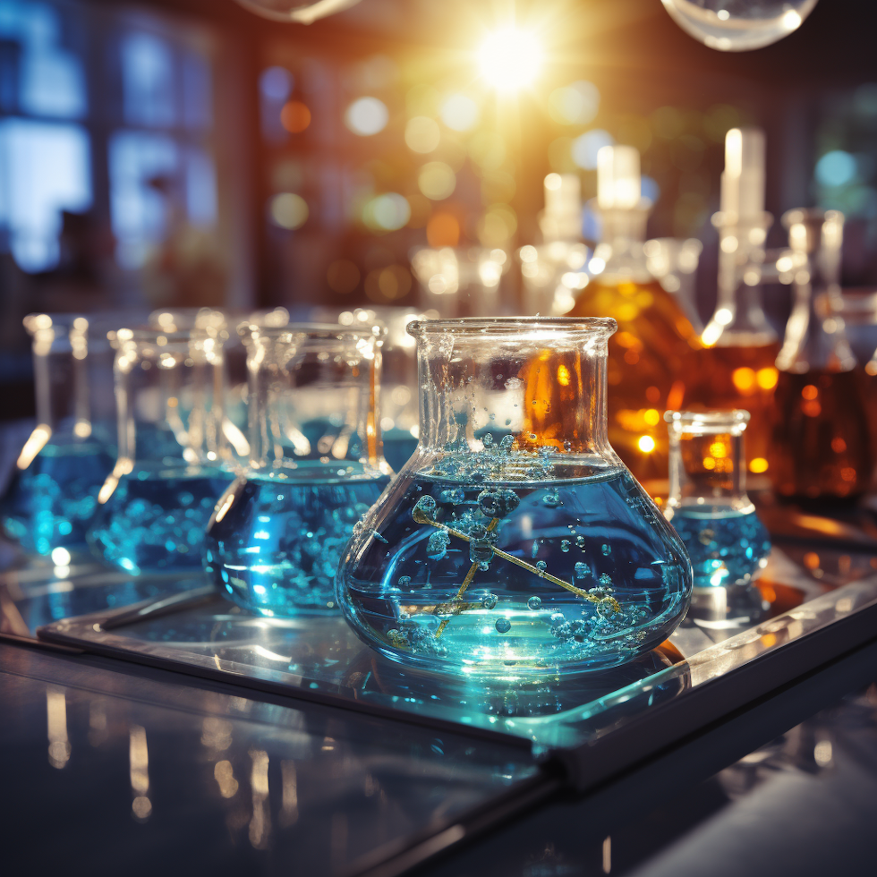 mavi renklerde laboratuvar şişelerinde çeşitli kimyasal ürünler, ışık odaklı, açık kehribar ve masmavi tarzında, ışın izleme, alan derinliği, abartılı masa ayarları, rtx on, komisyon için