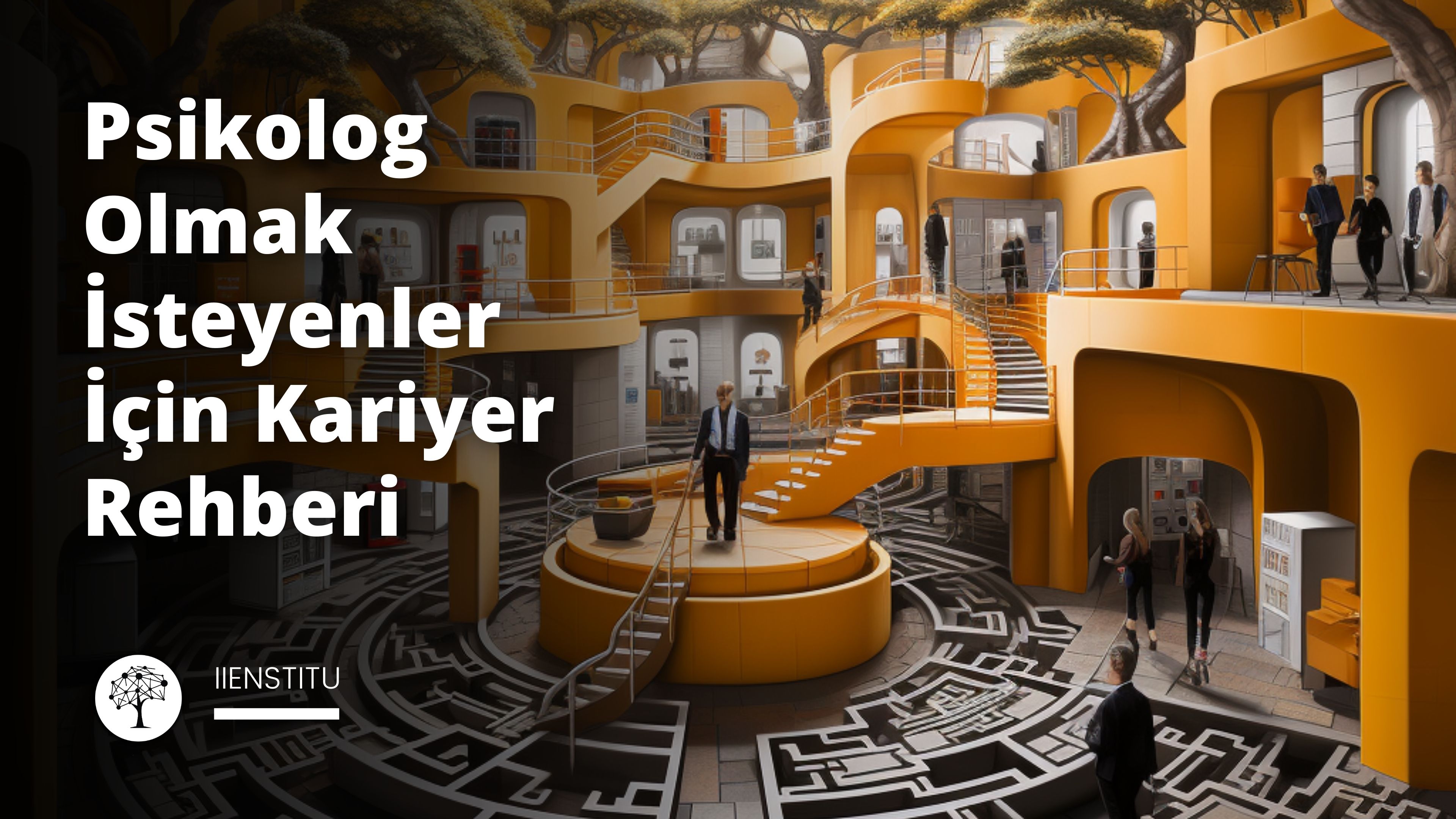 Bir grup insan kapalı bir mekânda büyük bir merdivenden yukarı doğru yürüyor. Duvarlar ve zemin kahverengi ve gri vurgularla siyah mermerden yapılmıştır. Merdivenlerin tepesinde sarıya boyanmış bir platform ve üzerinde duran iki kişi görülüyor. Merdivenlerin her iki yanında duvara asılmış, turuncu ve beyaz renklerde soyut şekilleri tasvir eden sanat eserleri bulunmaktadır. Bir uçta siyah paltolu bir kişi dururken, diğer uçta elinde sarı bir nesne tutan başka bir kişi vardır. İkisinin arasında siyah zemin üzerine beyaz harflerle yazılmış bir logo yer alıyor. Daha aşağıda, merdivenlerin dibine yakın bir yerde, hafifçe odak dışı görünen eski bir saatin yanından geçerken bir çanta taşıyan başka biri görülebiliyor.