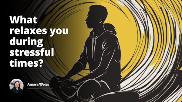 Relaxation amidst stress. Yellow background with black and white silhouette of a person sitting cross-legged, surrounded by swirling lines depicting calmness and serenity.