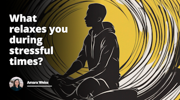 Relaxation amidst stress. Yellow background with black and white silhouette of a person sitting cross-legged, surrounded by swirling lines depicting calmness and serenity.