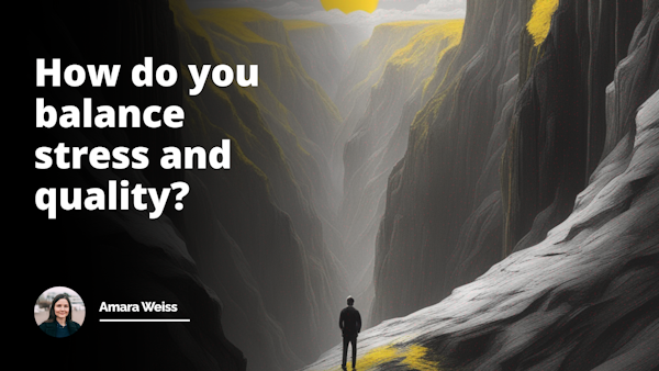 Impressive black and white image with yellow accents. A person stands at the edge of a deep chasm, looking out at a vast and treacherous landscape. The person's face shows a combination of stress and determination as they contemplate the challenges ahead.