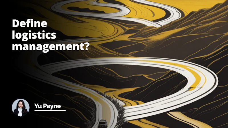 Yellow, black, and white image with a dramatic silhouette of a person standing on a winding road in a barren landscape. The journey of logistics management unfolds before them as vibrant arrows and gears hover in the air, representing the complex flow of goods and information.