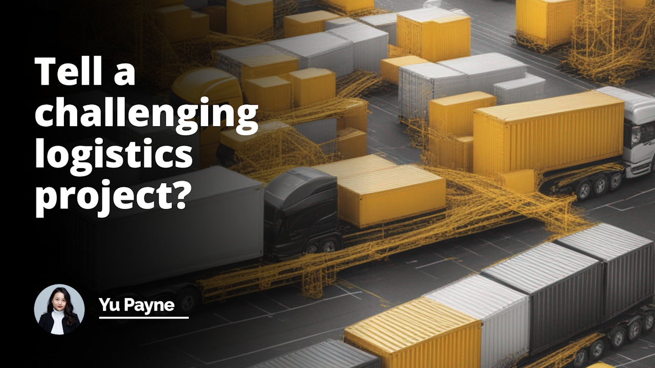 Challenging logistics scene, tangled network of routes, overloaded trucks, containers at port, hustle in warehouse, yellow-black-white color scheme, telling intricate project story, YouTube cover style